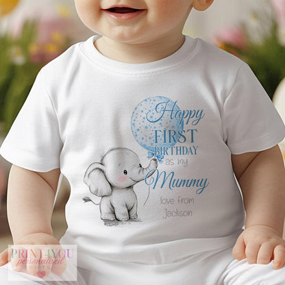 Personalised sleepsuit printed with starry elephant first birthday design
