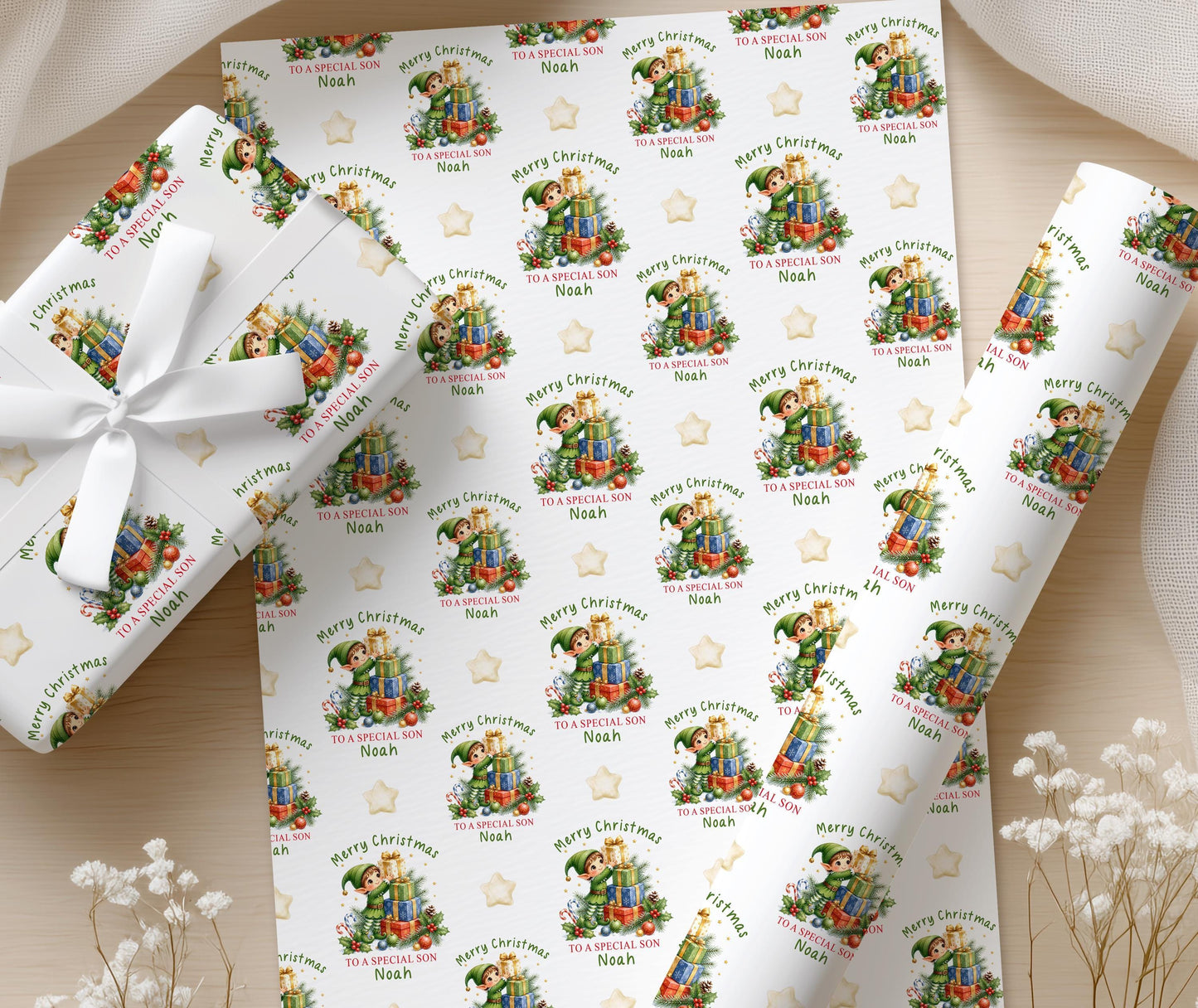 Close up of the personalised elf wrapping paper showing the repeated name and relation wording