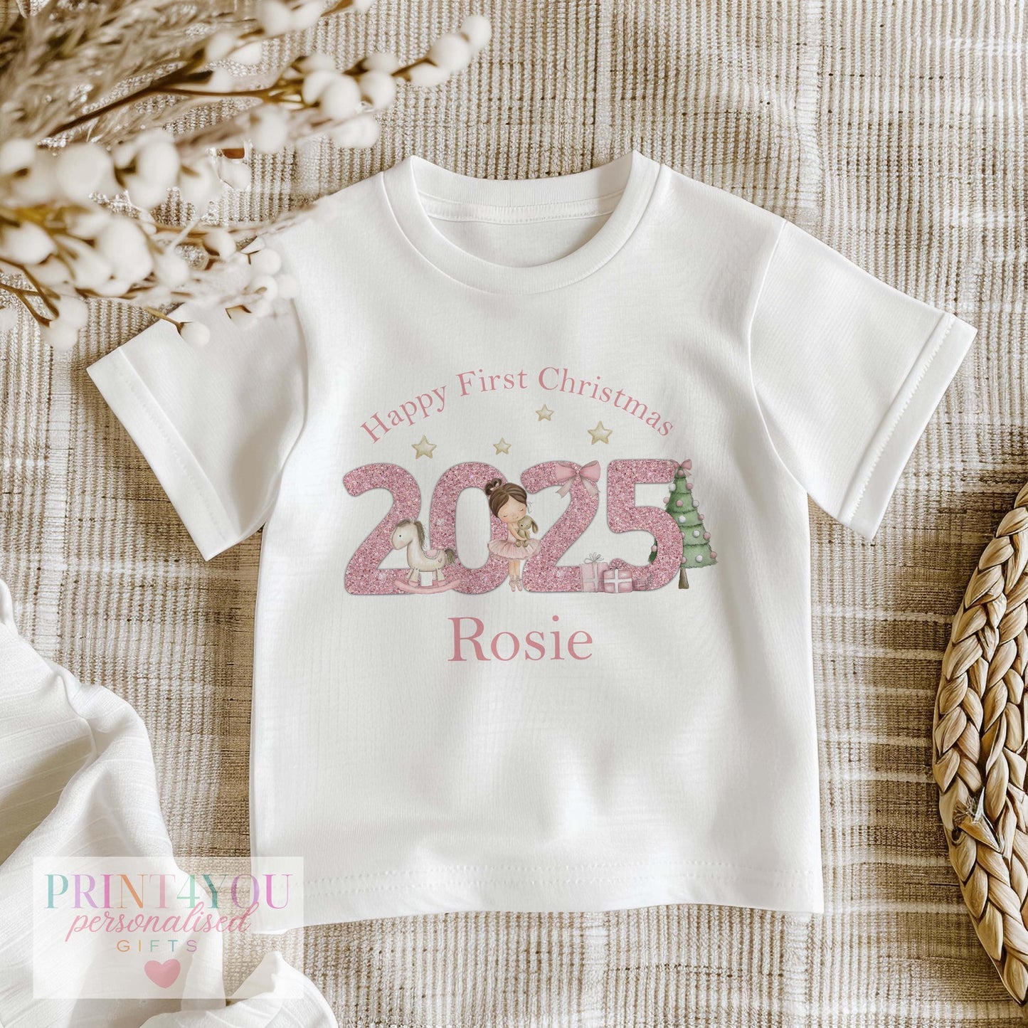 Personalised Pink Glitter Christmas Baby Sleepsuit – 2025 Ballerina Design Gift Set, Custom Name