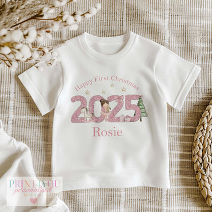Personalised Pink Glitter Christmas Baby Sleepsuit – 2025 Ballerina Design Gift Set, Custom Name