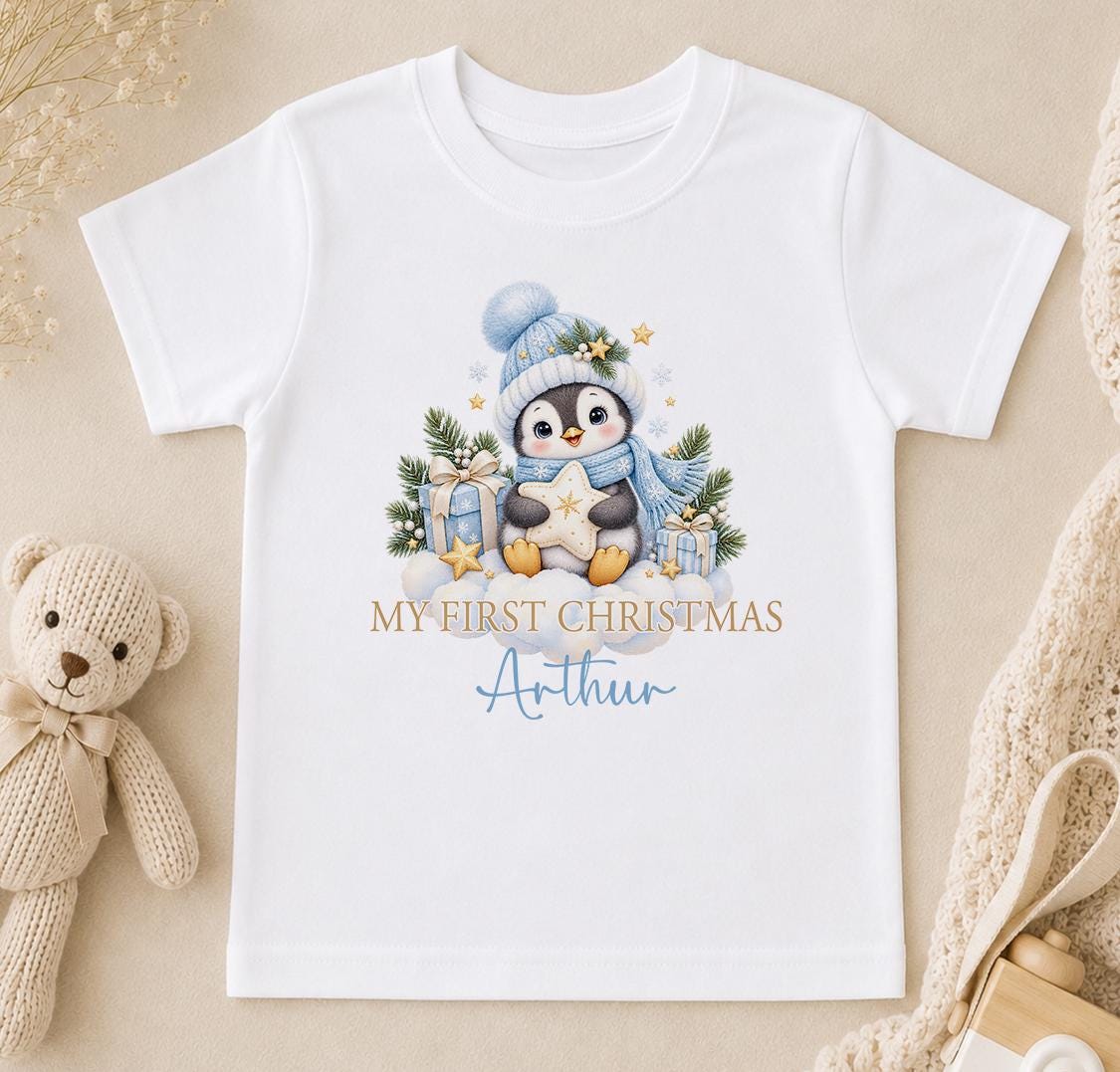 Personalised Baby Christmas Outfit 2026, Penguin Vest Sleepsuit, Bib