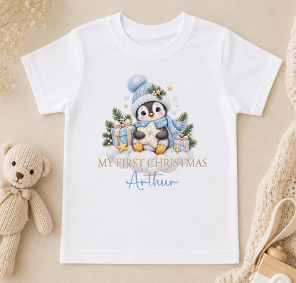 Personalised Baby Christmas Outfit 2026, Penguin Vest Sleepsuit, Bib