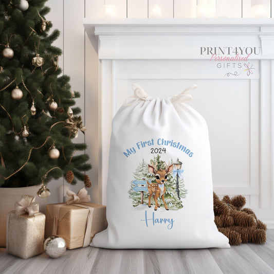 Personalised Blue Reindeer Santa Sack for My First Christmas – Perfect Gift from Santa - One side