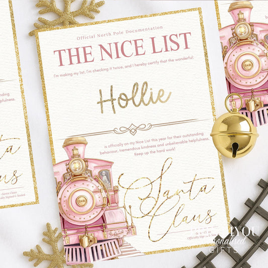 Personalised Nice List Certificate – Gold Foil Name – Pink or Blue Train Design – Christmas Eve Box Gift