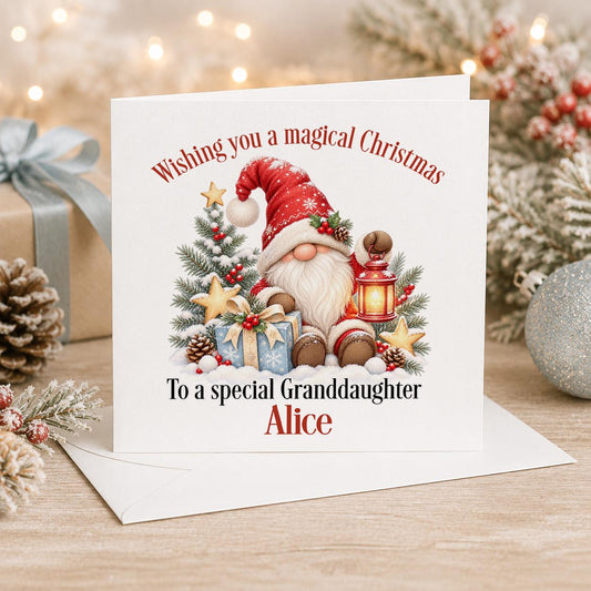 Personalised gnome Christmas card, white 6x6 inch square card printed with a gonk, a reindeer and a Christmas tree with a name