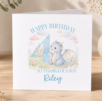Personalised dragon birthday card featuring an illustrated dragon, the number 4 and the message 'Happy Birthday to a Gorgeous Son Riley'.
