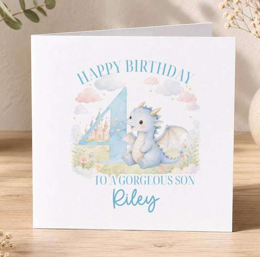 Personalised dragon birthday card featuring an illustrated dragon, the number 4 and the message 'Happy Birthday to a Gorgeous Son Riley'.