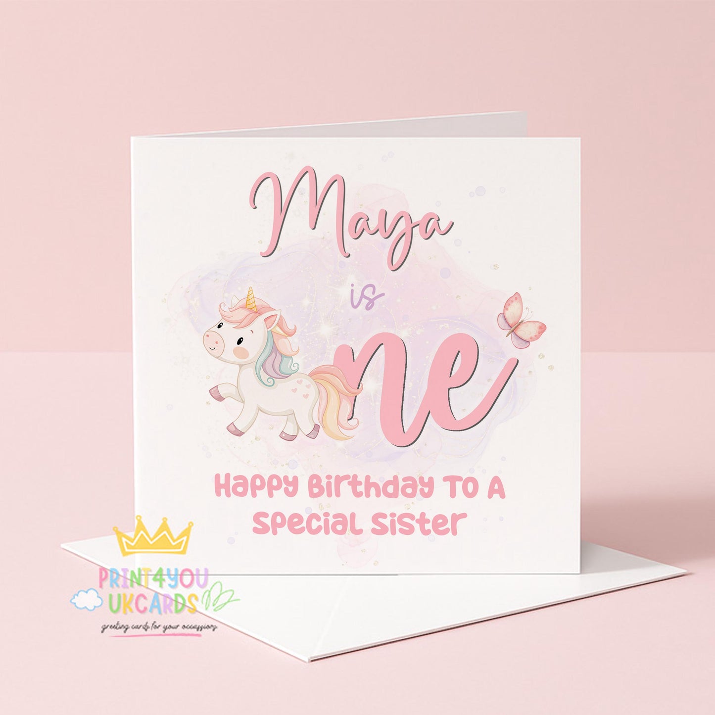Square personalised pink unicorn 1st birthday card printed on 350gsm card stock
