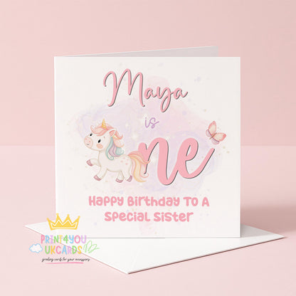 Square personalised pink unicorn 1st birthday card printed on 350gsm card stock