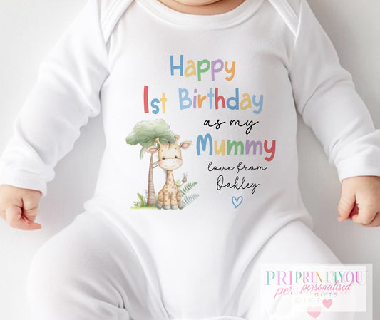 Personalised 'Happy 1st Birthday as my Mummy' giraffe bib, printed with your baby's name and a blue heart.