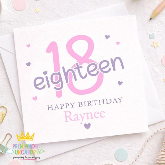 Personalised square 18th birthday card in soft pink, printed with a milestone birthday design