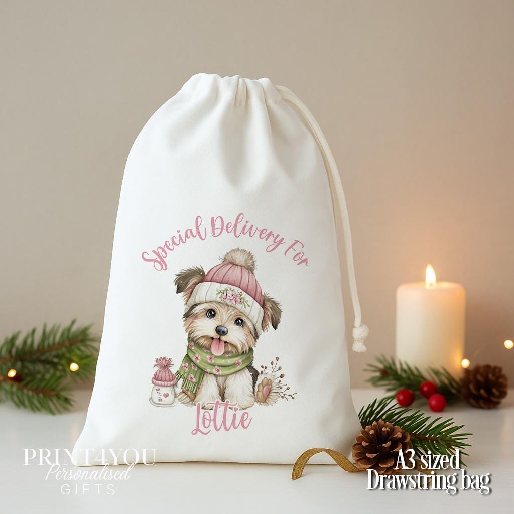 Personalised puppy Christmas sack, white A3 drawstring gift bag printed with a puppy in a pink bobble hat and Special Delivery For a name