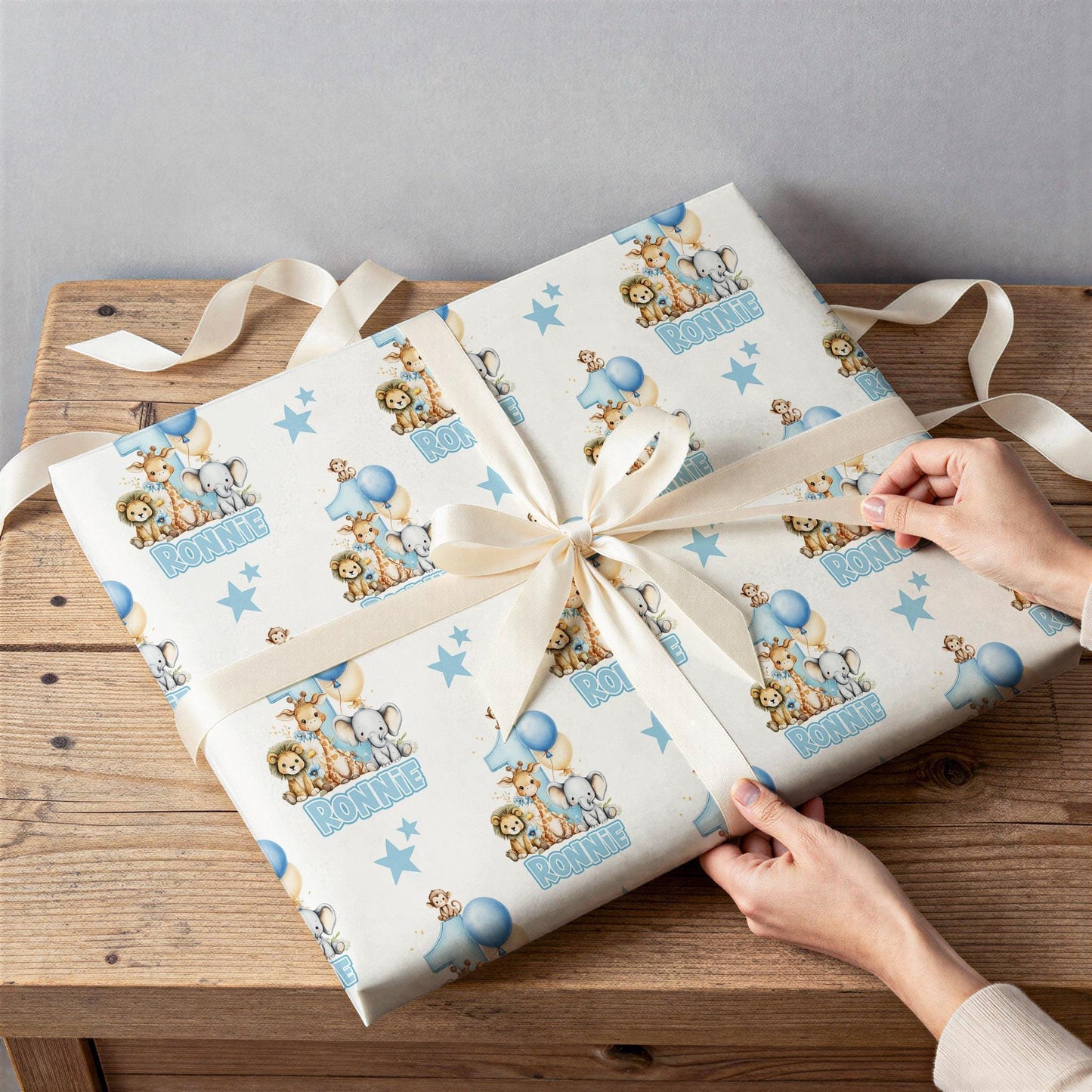 Blue Safari Wrapping Paper – Personalised First Birthday Gift Wrap With Pastel Dots & Balloons