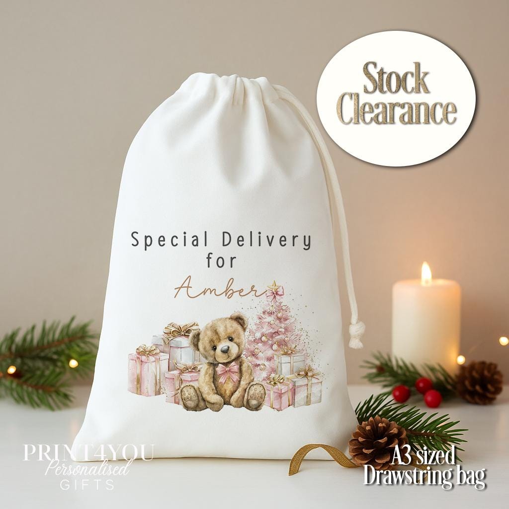 Personalised Teddy Drawstring Bag – Pink Christmas Gift Bag – Special Delivery Sack