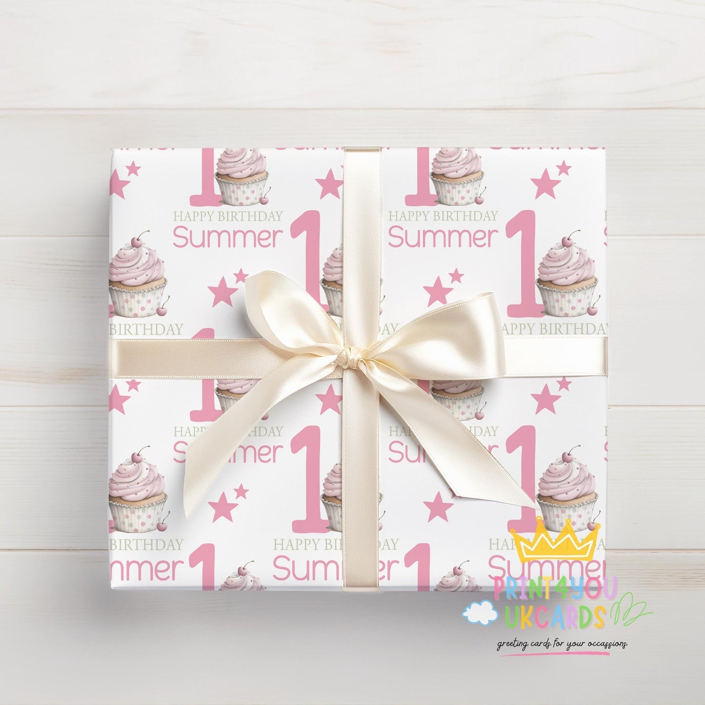 Finished gift wrapped in the personalised pink cupcake and confetti dot birthday wrapping paper