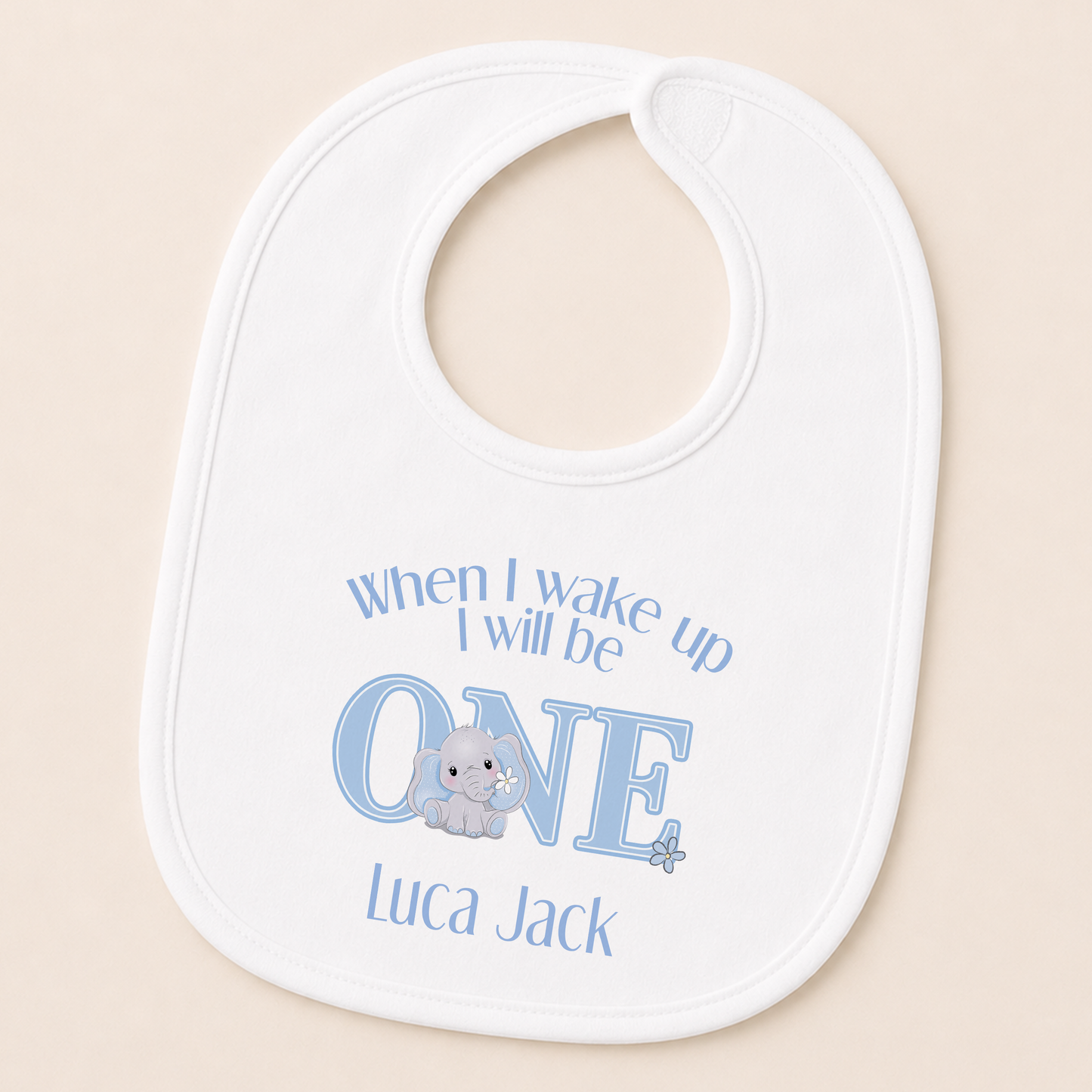 Personalised blue elephant baby bib with the "When I Wake Up I Will Be One" message and baby's name.