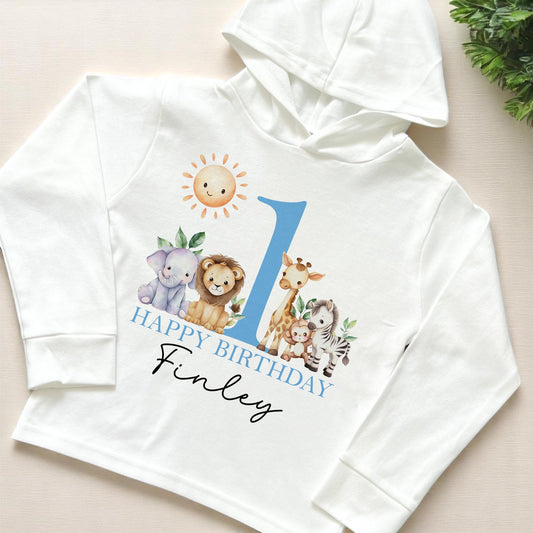 1st Birthday Safari Personalised Lightweight long – sleeved t – shirt with hood – Super Soft cotton jersey top, Numbers 1 – 5 - 6-12m