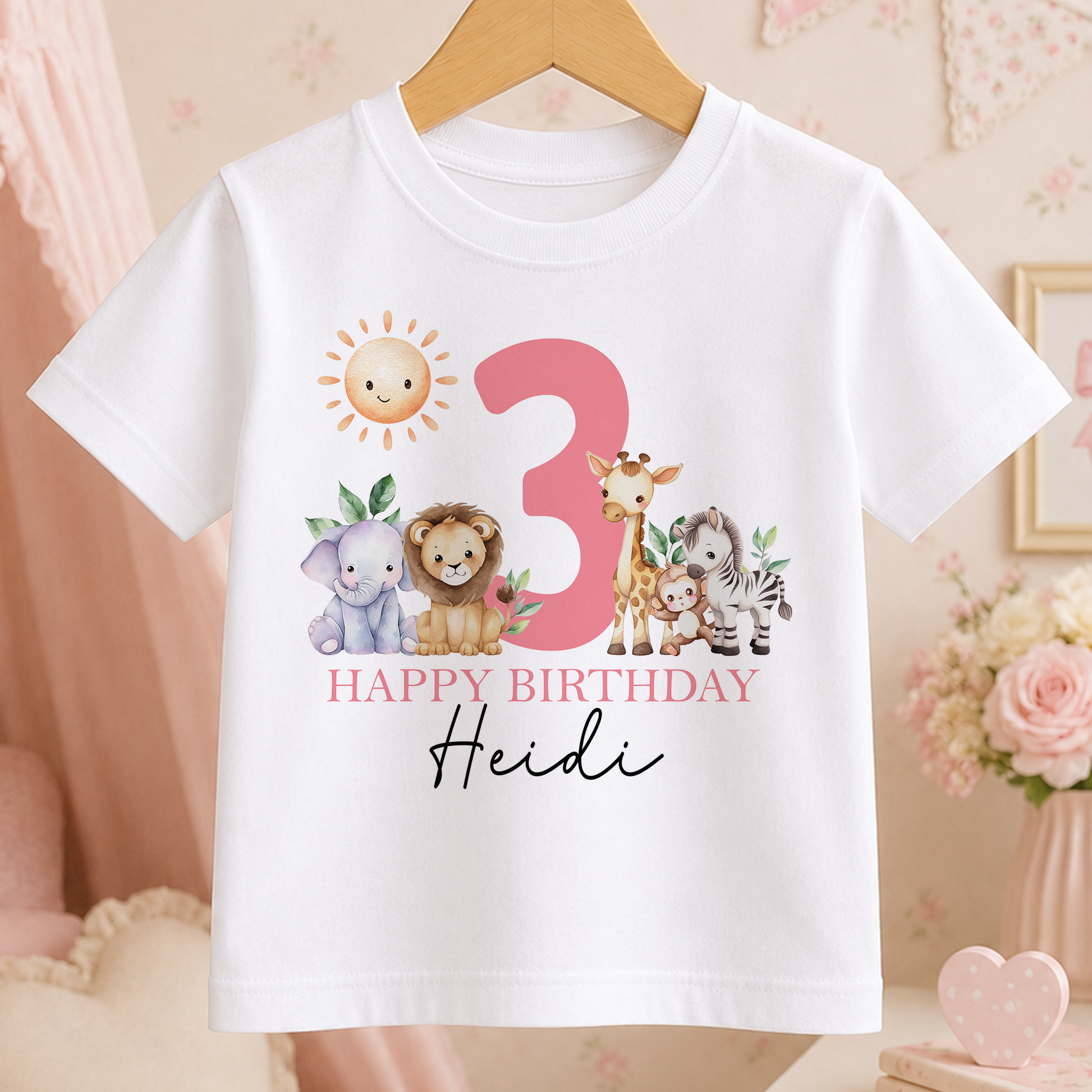 Personalised white t-shirt with pink safari animals design, custom name and age number for a birthday
