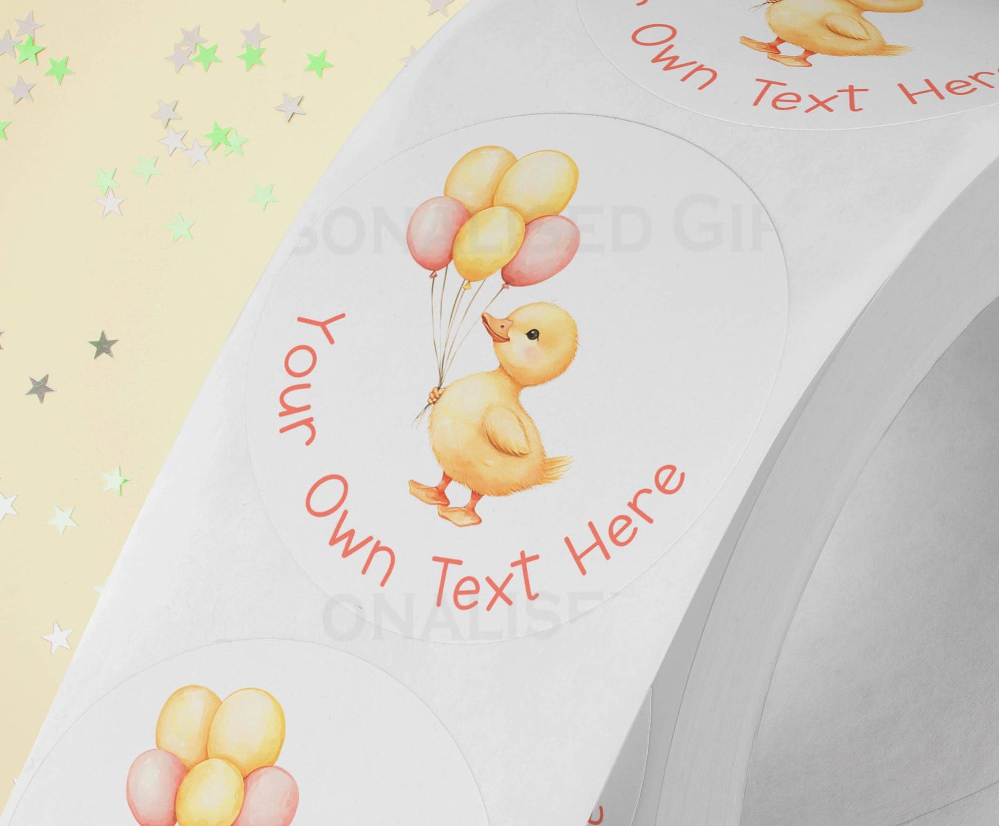 Personalised yellow duck sticker with pink balloons design, printed on a strip of three, 5cm high gloss