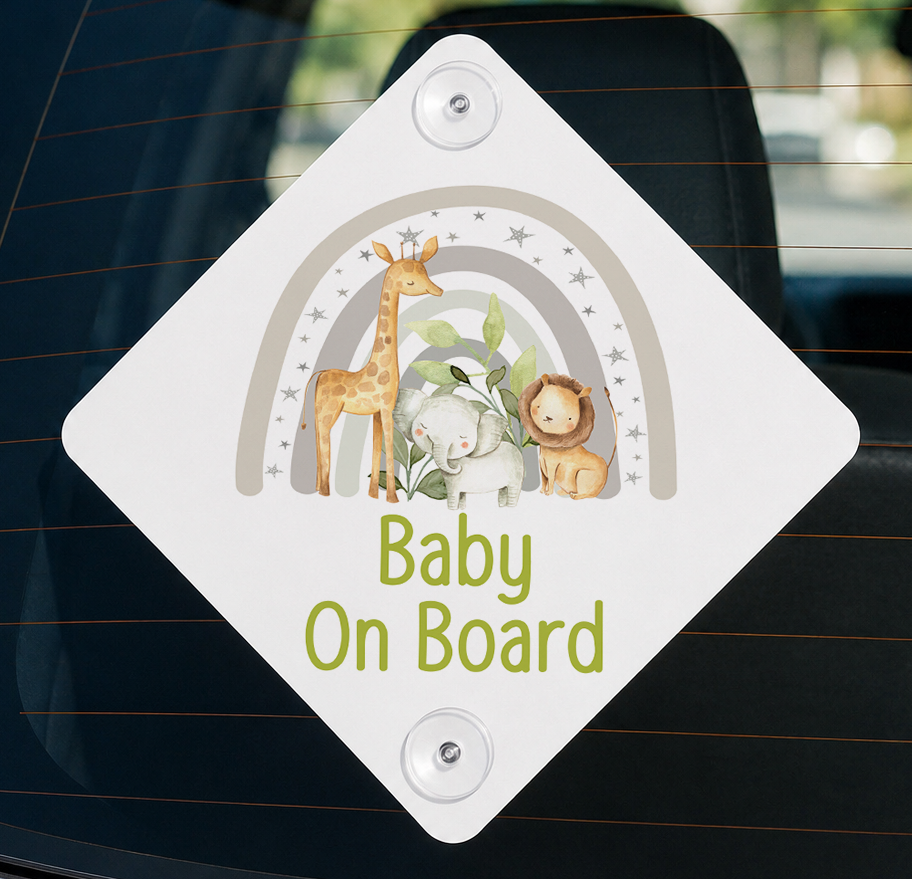 Baby on Board aluminium car window sign with grey safari rainbow design featuring a giraffe, elephant and lion – Print4You Personalised Gifts