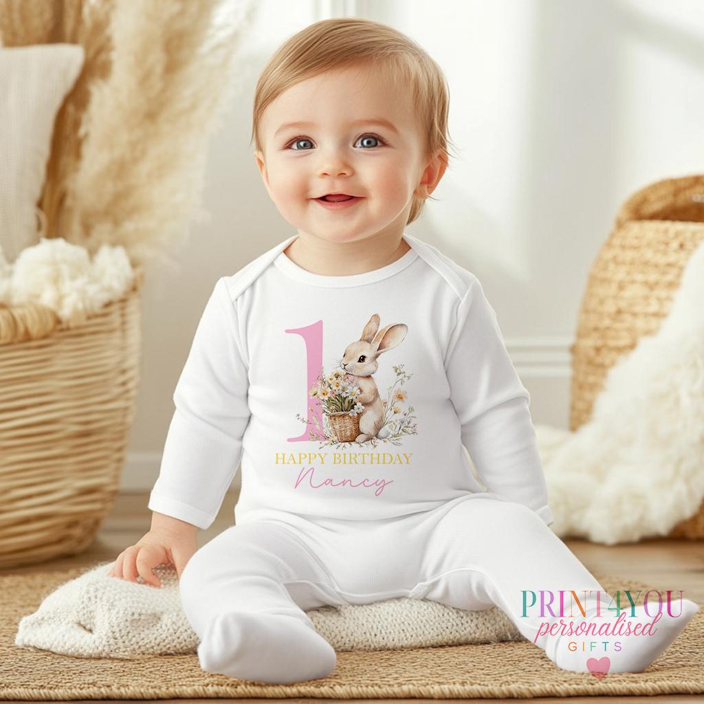 Personalised 1st Birthday Outfit – Baby Sleepsuit, Vest & T-Shirt with Floral Rabbit Print