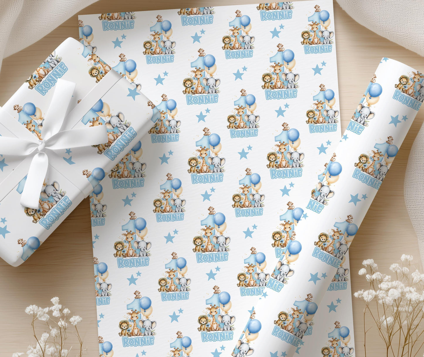 Blue Safari Wrapping Paper – Personalised First Birthday Gift Wrap With Pastel Dots & Balloons