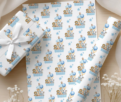 Blue Safari Wrapping Paper – Personalised First Birthday Gift Wrap With Pastel Dots & Balloons