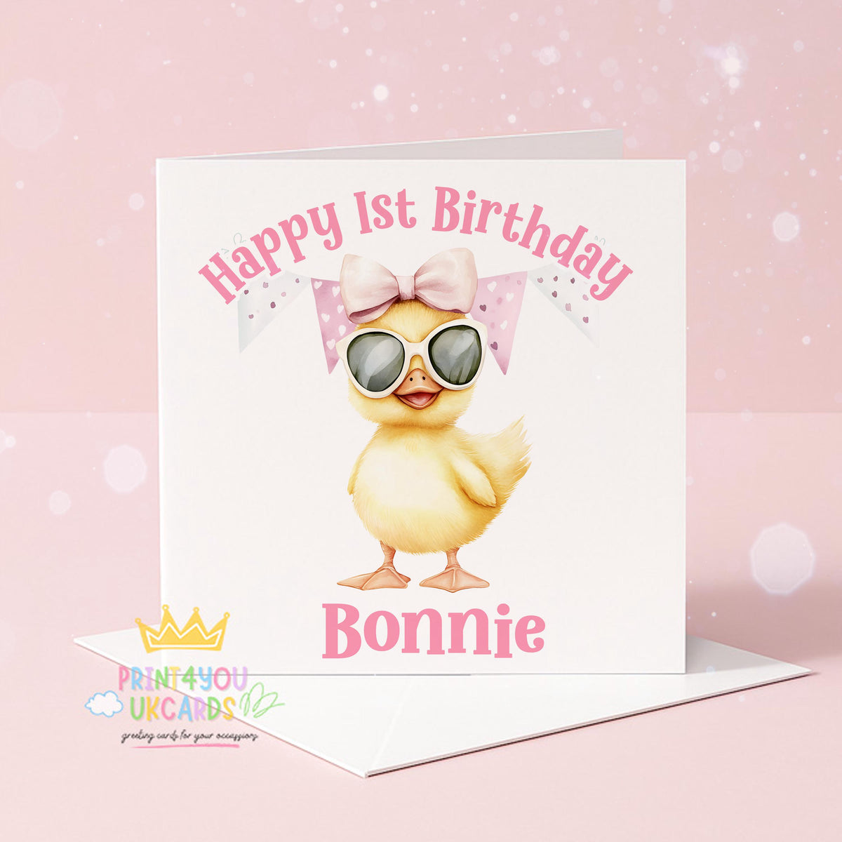 Personalised pink duck birthday card with a name and age printed on the front