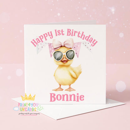 Personalised pink duck birthday card with a name and age printed on the front