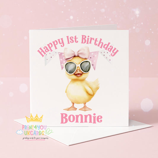Personalised pink duck birthday card with a name and age printed on the front