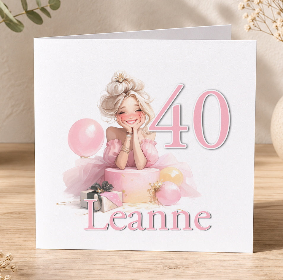 Pink milestone birthday card featuring an illustrated woman in a pink dress surrounded by balloons and gifts, printed with the number 40 and the name Leanne as a personalisation example.