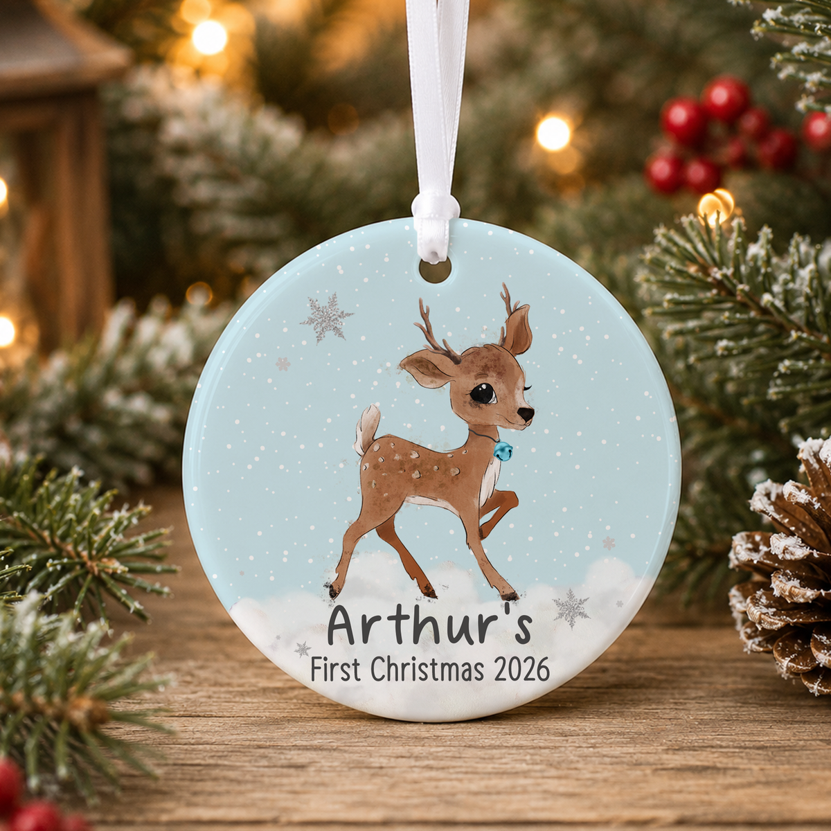 A round ornament with a deer illustration and the text "Arthur's First Christmas 2026" is displayed on a wooden surface, surrounded by pine branches and red berries.