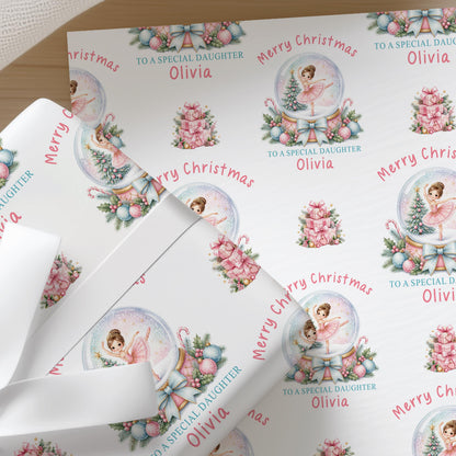 Close up of the personalised ballerina wrapping paper showing the repeated name and relation wording