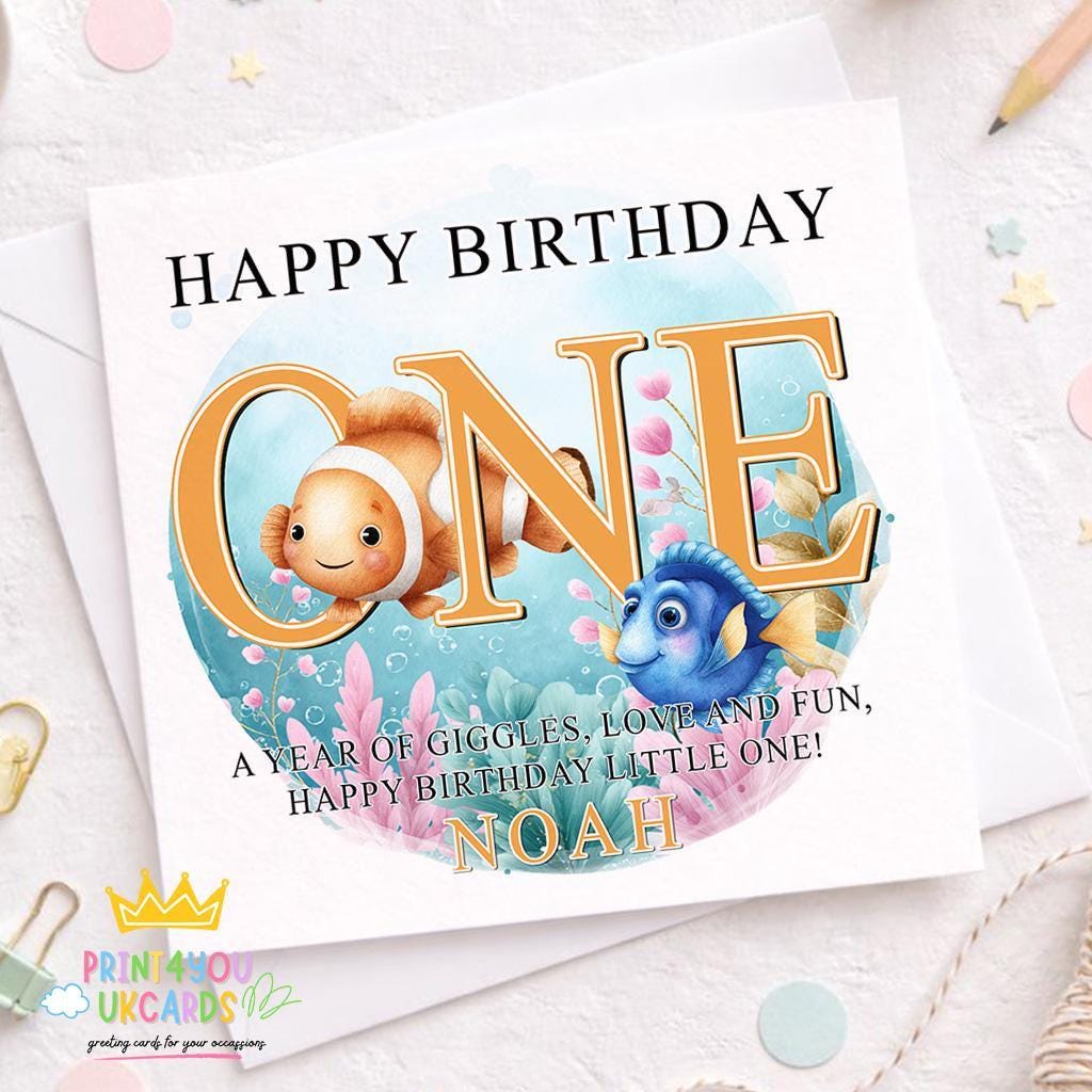 Personalised square 1st birthday card featuring an under-the-sea fish design