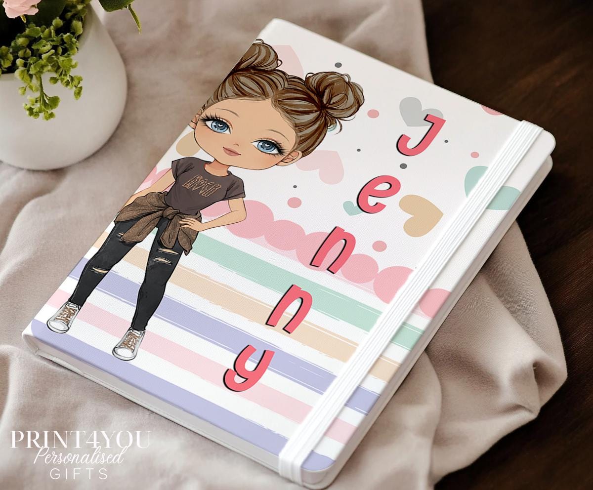 Personalised girl notebook UV-printed PU leather cover with custom name, Girl 1 character design
