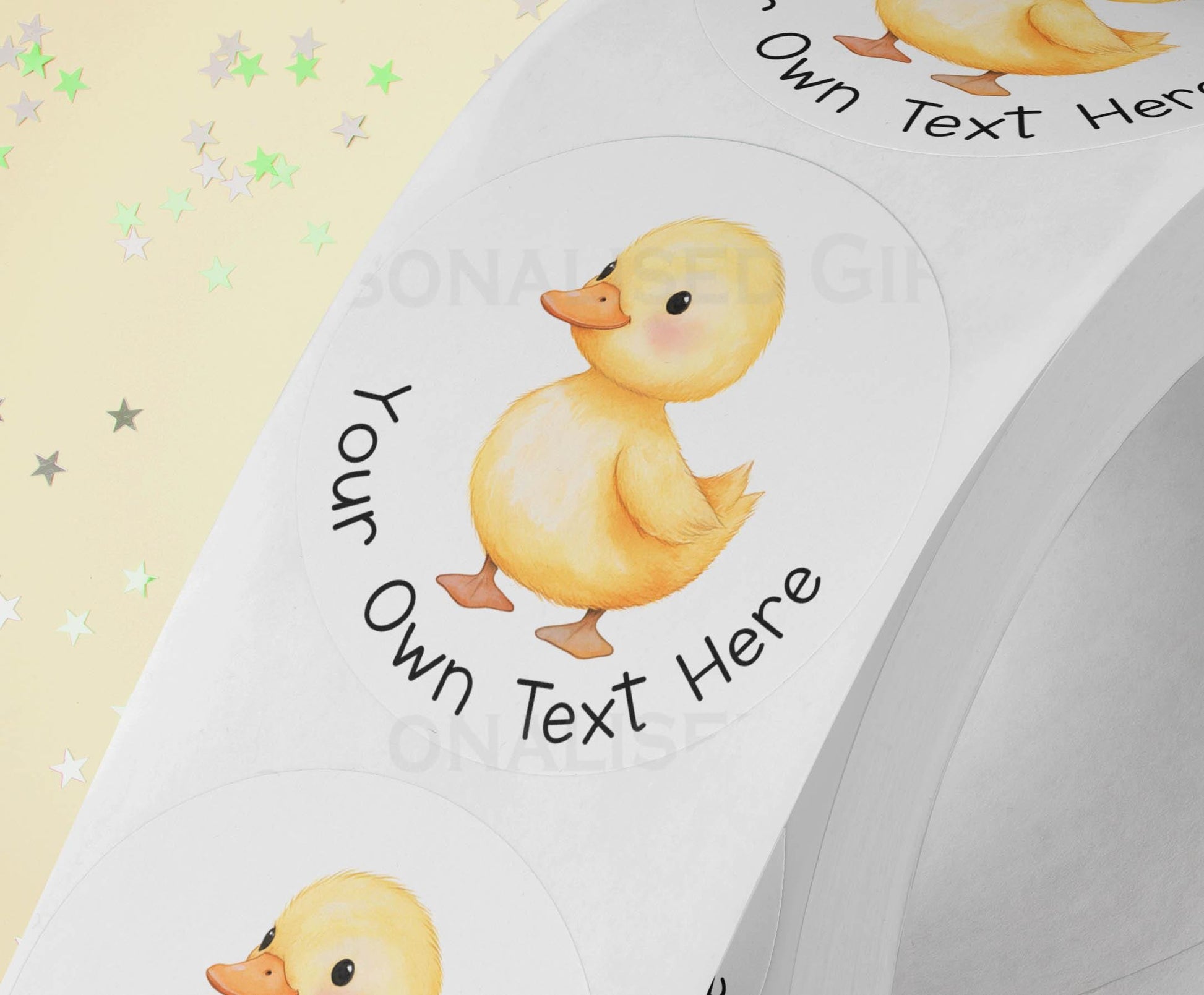 Personalised single yellow duck stickers, glossy 5cm strips of three in a cello bag