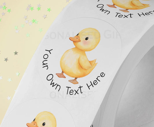 Personalised single yellow duck stickers, glossy 5cm strips of three in a cello bag