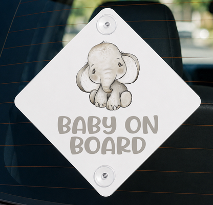 Baby on Board aluminium car window sign with baby elephant safari design – Print4You Personalised Gifts