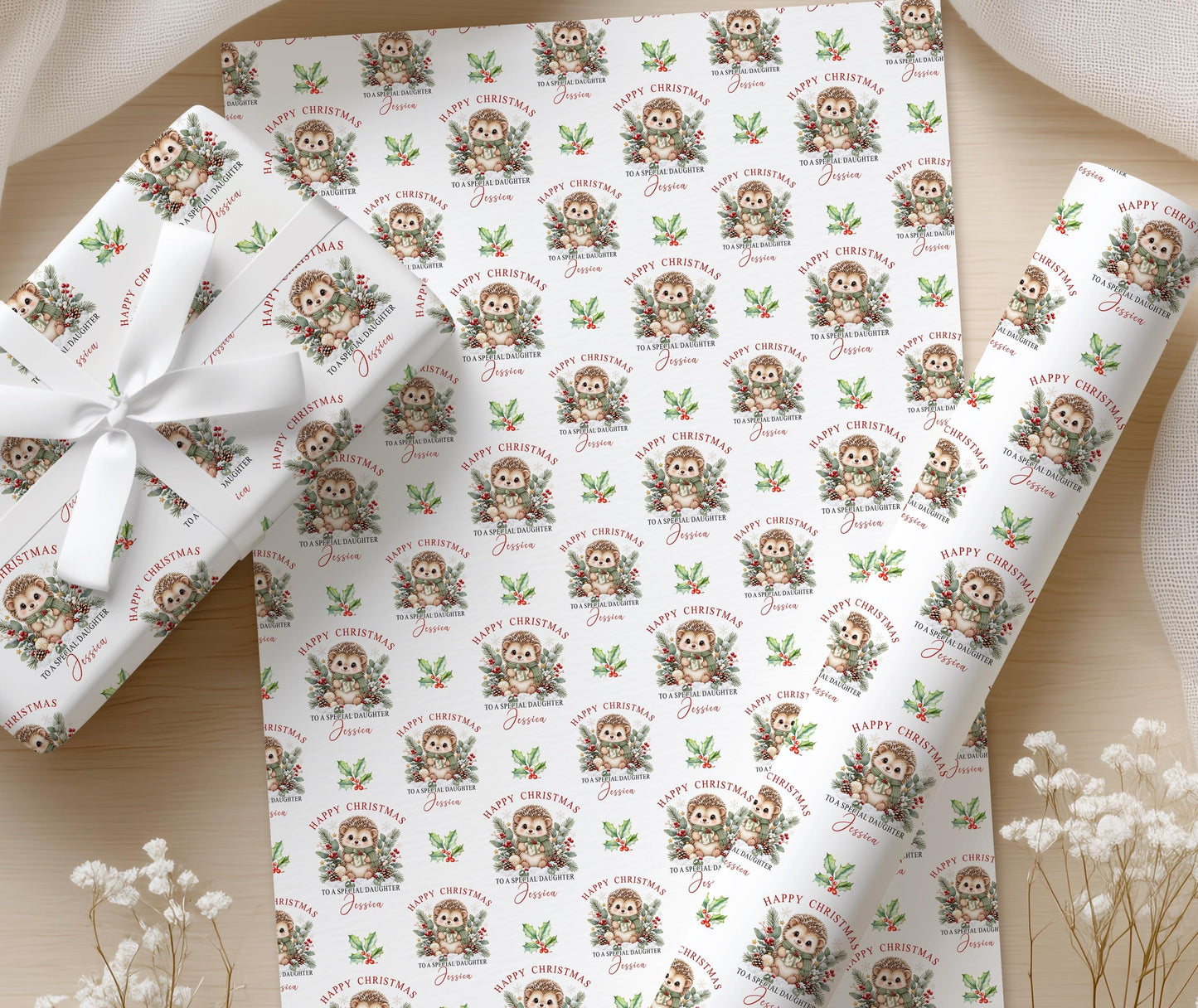 Close up of the personalised hedgehog Christmas gift wrap showing the repeated design