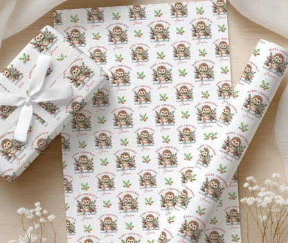 Close up of the personalised hedgehog Christmas gift wrap showing the repeated design