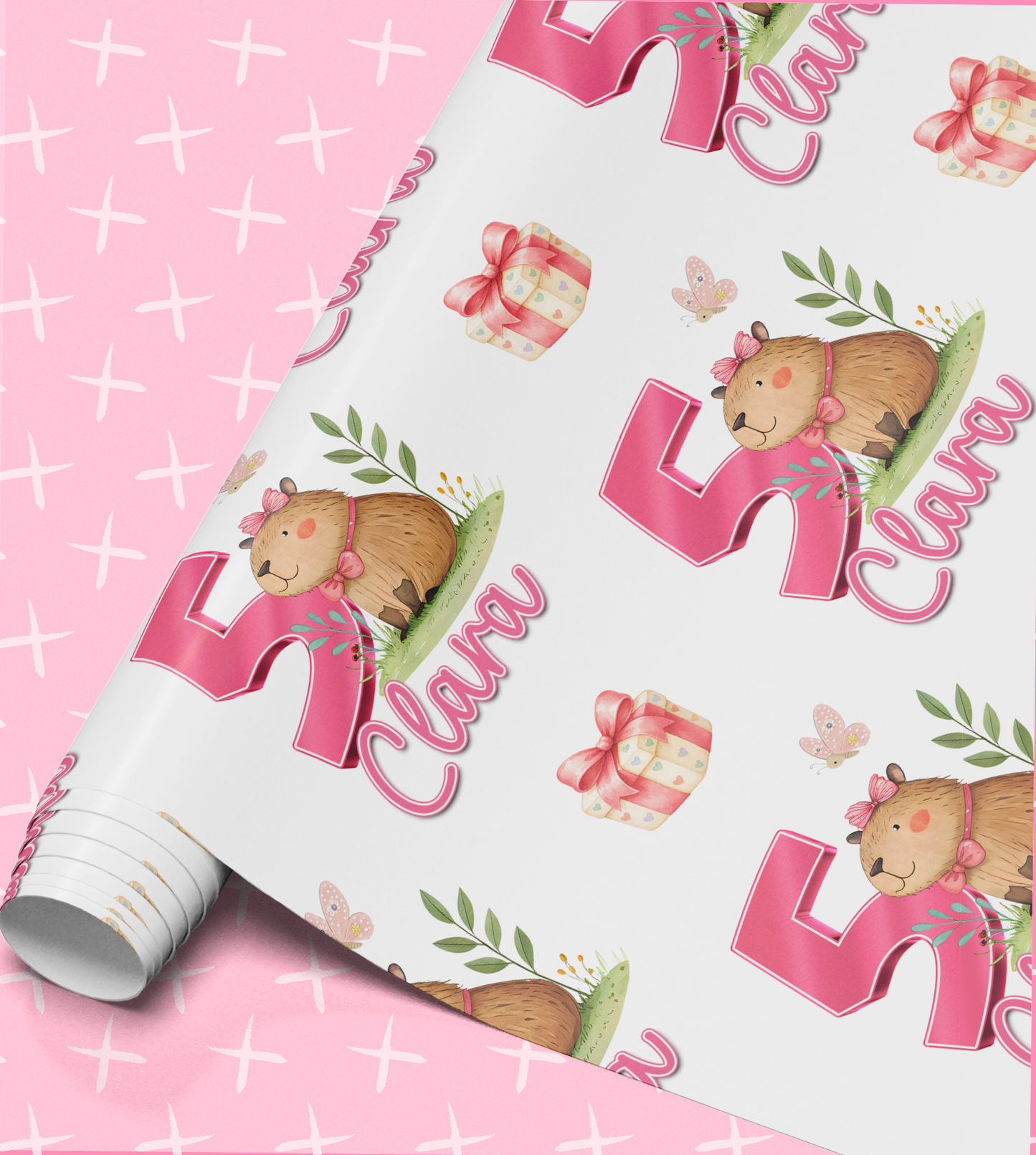 a pink background with a repeating pattern of a cartoon character, a gift box, and butterflies. The pattern includes the name "Clara" written in pink.