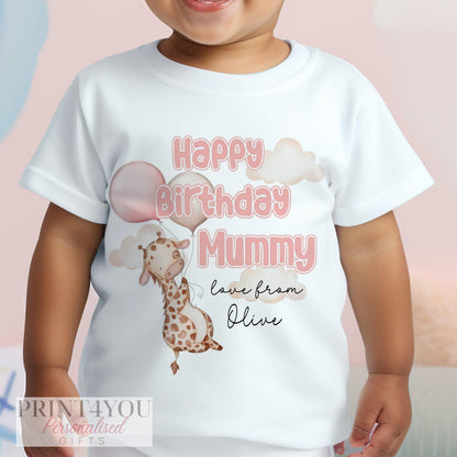 Personalised birthday t-shirt with custom child name and Happy Birthday Mummy design