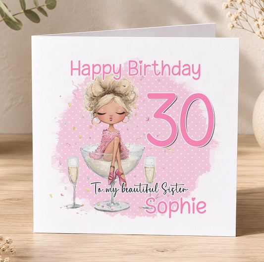 Personalised pink champagne birthday card for a 30th birthday, illustrated with a woman in a champagne glass surrounded by confetti, personalised with the recipient's name