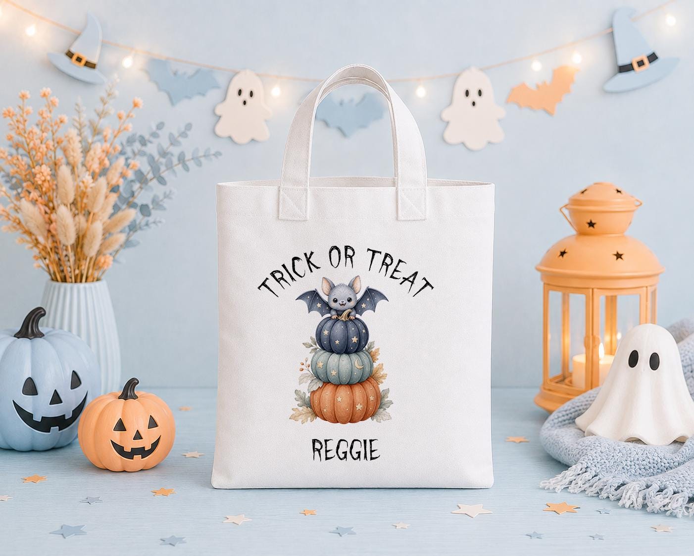 Personalised Halloween Trick or Treat Bag - Ghost & Bat Tote