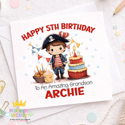 Square personalised birthday card featuring a cartoon pirate design with a treasure map