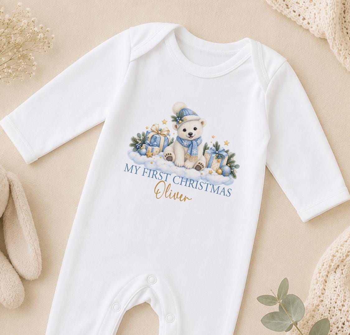 Personalised My First Christmas Baby Outfit 2026 Polar Bear Vest Sleepsuit Bib T Shirt Baby Boy Gift