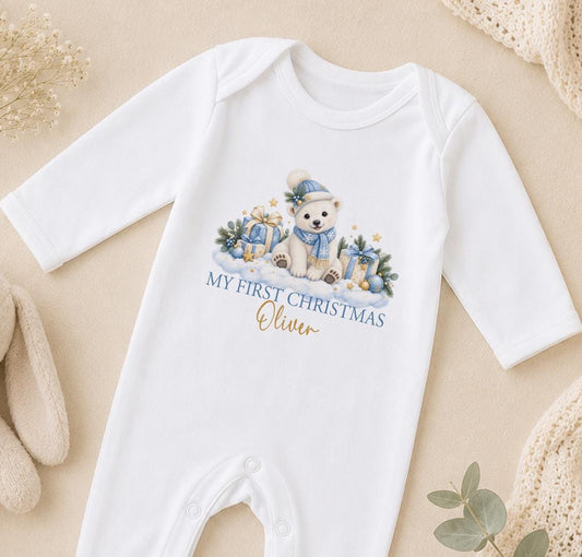 Personalised My First Christmas Baby Outfit 2026 Polar Bear Vest Sleepsuit Bib T Shirt Baby Boy Gift