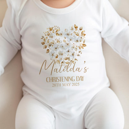 Personalised christening baby vest, front view with name printed