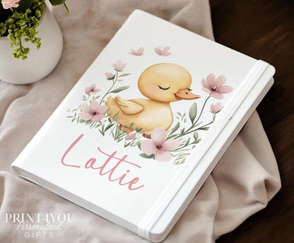 Personalised duck notebook front cover with baby duckling and floral spring design and custom name