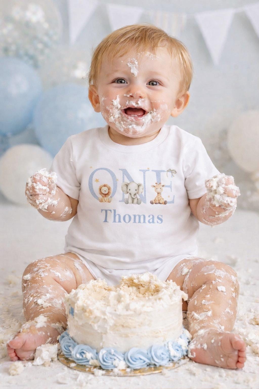 Close-up of the safari ONE design personalised with a child's name in soft script.